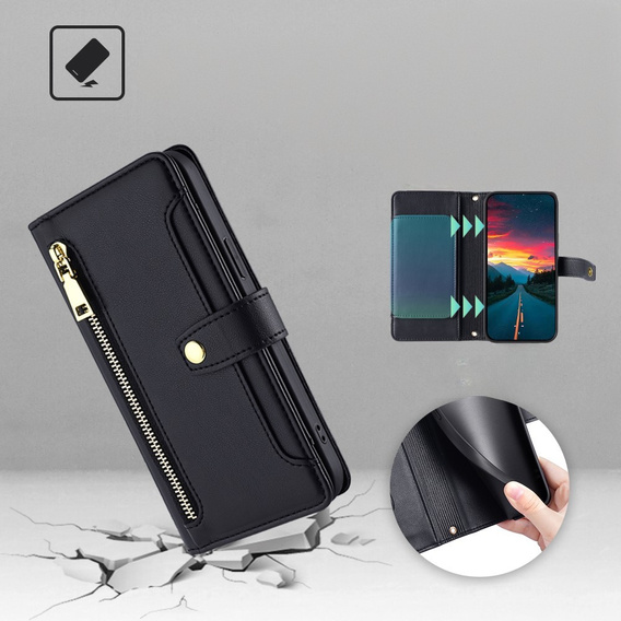 Pattintható tok a Realme 14 Pro+ 5G, Wallet Zipper Pocket, fekete
