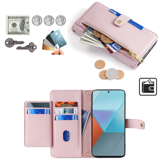 Pattintható tok a Xiaomi Redmi Note 13 Pro 5G, Wallet Zipper Pocket, rózsaszín