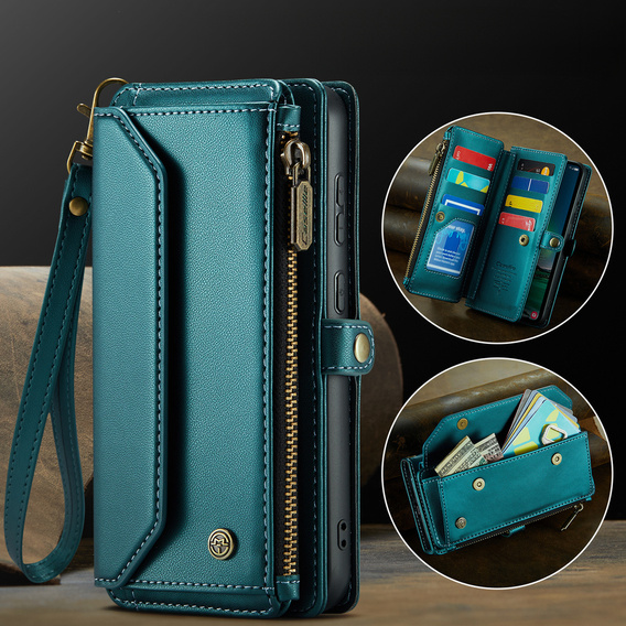 Tok CASEME Samsung Galaxy S25 FE, RFID Leather Wallet, vállpánttal, zöld