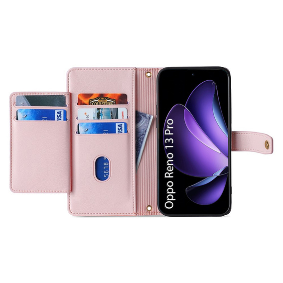 Pattintható tok a Oppo Reno 13 Pro, Wallet Zipper Pocket, rózsaszín