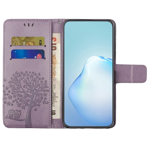 Pattintható tok a Motorola Moto E22 / E22i, Wallet, tree i sowy, lila
