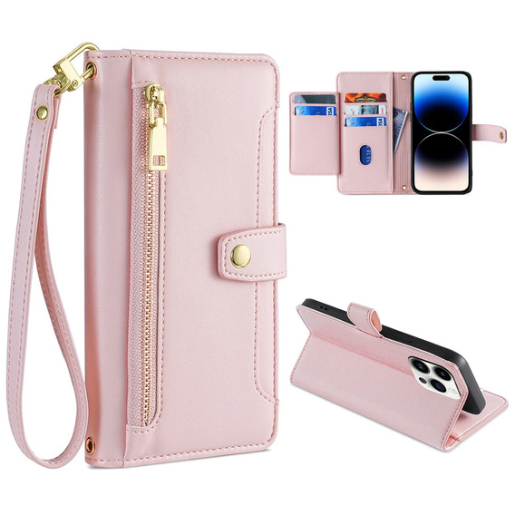Pattintható tok a iPhone 14 Pro Max, Wallet Zipper Pocket, rózsaszín