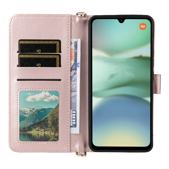 Tok patenttal a Xiaomi Redmi A5-hez, Crossbody Leather Wallet, rózsaszín