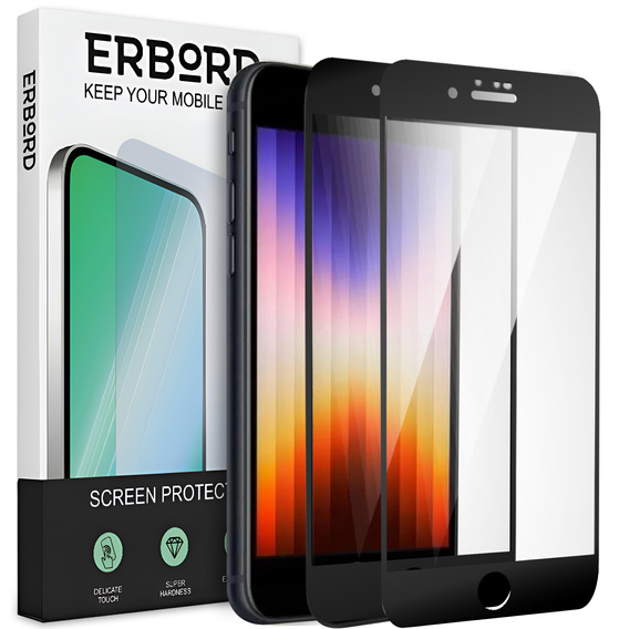 2x edzett üveg a iPhone 7/8/SE 2020/SE 2022, ERBORD 3D teljes képernyő
