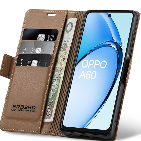 Tok Oppo A60, ERBORD Glossy Litchi, pénztárca patenttal, barna
