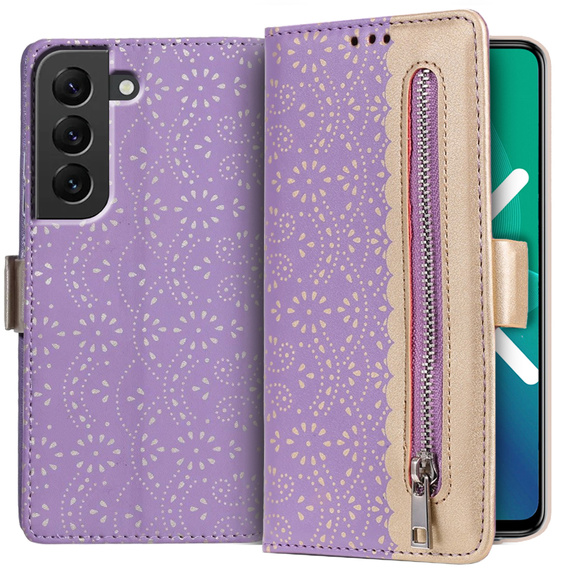 Flap tok Samsung Galaxy S22+ Plus 5G, Wallet Pocket Zipper Lace, lila