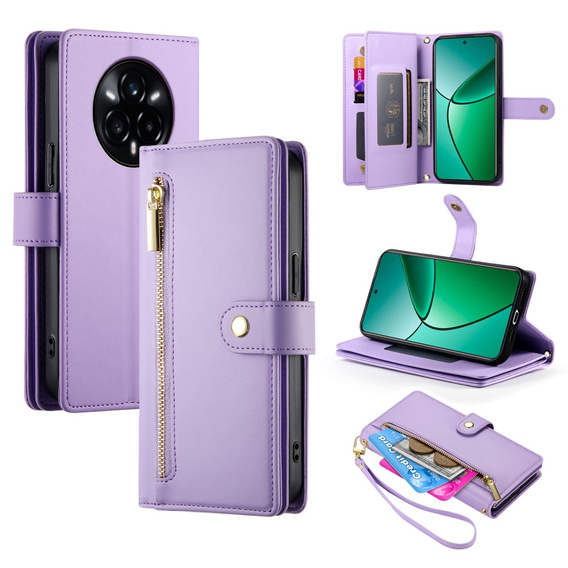 Pattintható tok a Realme 14 Pro 5G, Wallet Zipper Pocket, lila