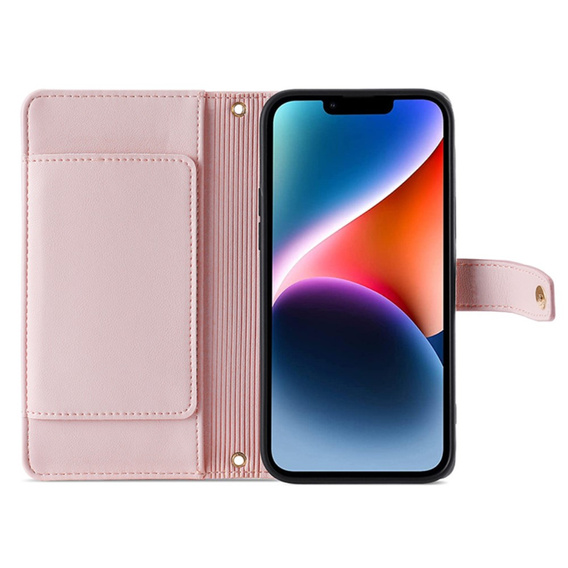 Pattintható tok a iPhone 15, Wallet Zipper Pocket, rózsaszín