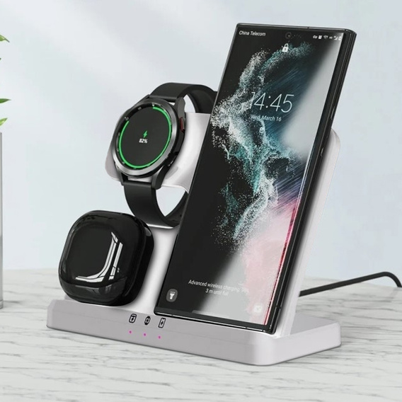 3 az 1-ben vezeték nélküli indukciós gyorstöltő QI Samsung S25 S24 S23 Galaxy Watch Buds állomás, fehér