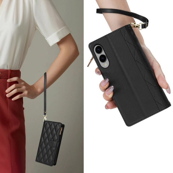 Flap tok Samsung Galaxy S25 Edge, Rhombus Crossbody Leather, fekete