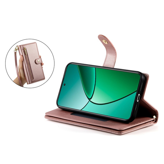 Pattintható tok a Realme 14 Pro 5G, Wallet Zipper Pocket, rózsaszín