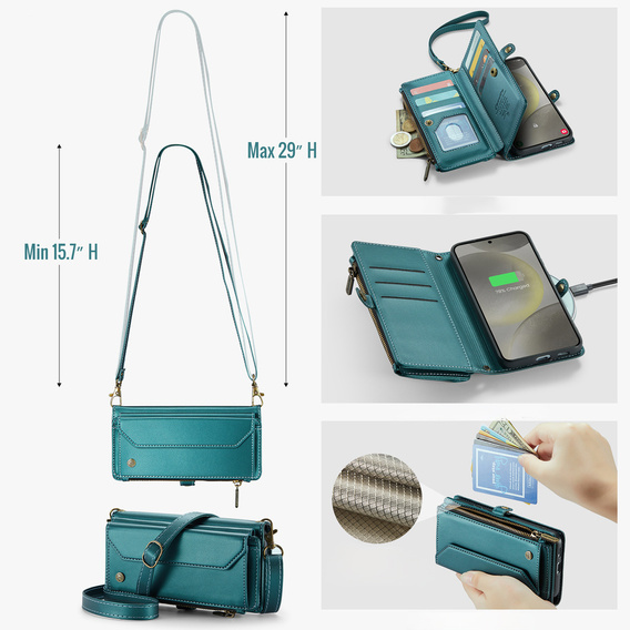 Tok CASEME Samsung Galaxy S25 FE, RFID Leather Wallet, vállpánttal, zöld