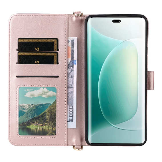 Tok patenttal a Honor 400 5G-hez, Crossbody Leather Wallet, rózsaszín