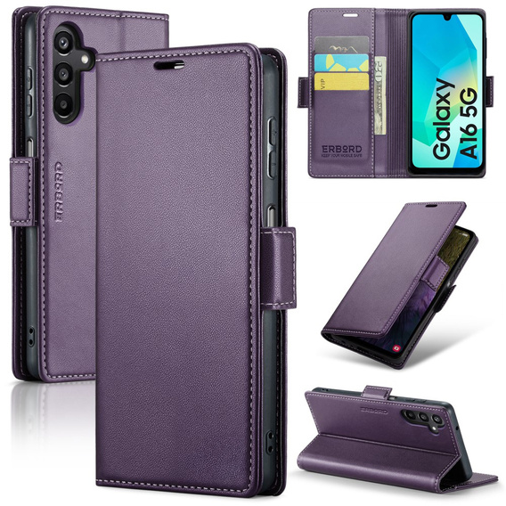 Tok Samsung Galaxy A16, ERBORD Glossy Litchi, pénztárca patenttal, lila