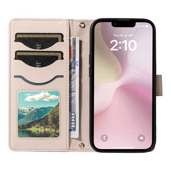 Flap tok iPhone 16E, Rhombus Crossbody Leather, bézs színű