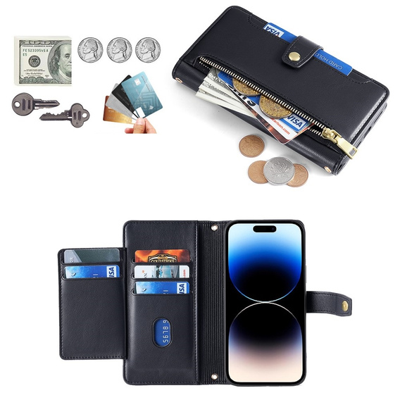 Pattintható tok a iPhone 14 Pro, Wallet Zipper Pocket, fekete