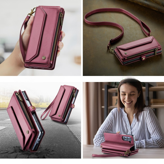 Tok CASEME Samsung Galaxy Z Fold6 5G, RFID Leather Wallet, vállpánttal, piros