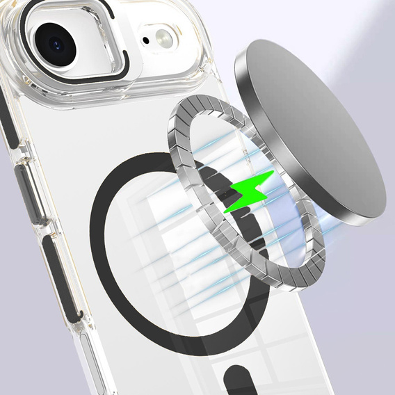 Tok iPhone Air készülékhez, MagSafe, állvánnyal, átlátszó, fekete betétekkel