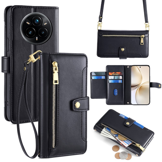 Pattintható tok a Realme 14 Pro+ 5G, Wallet Zipper Pocket, fekete