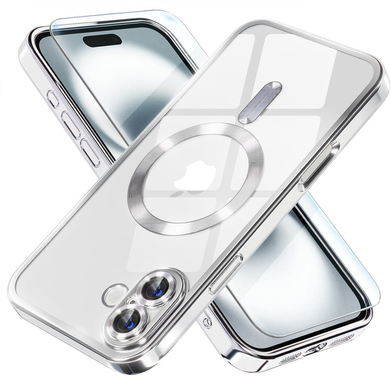 Tok iPhone 16 Plus-hoz, Electro MagSafe, ezüst + üveg a képernyőhöz
