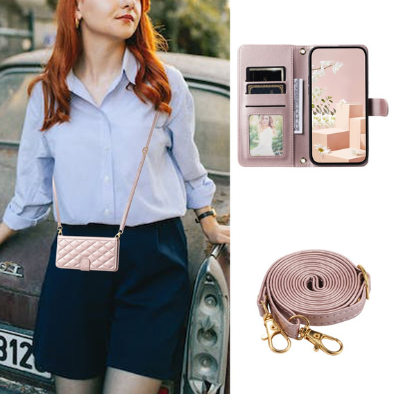 Flap tok iPhone 16 Pro, Rhombus Crossbody Leather, rózsaszín rose gold