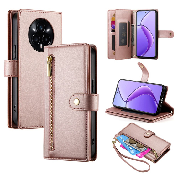 Pattintható tok a Realme 14 Pro+ 5G, Wallet Zipper Pocket, rózsaszín