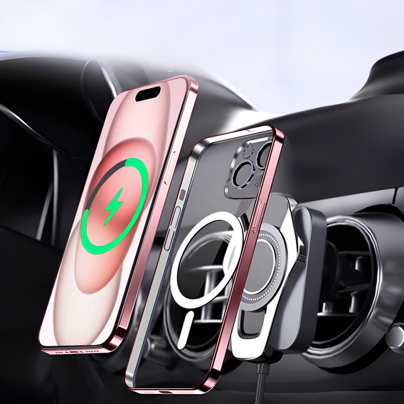 Tok iPhone 15-hoz, Electro MagSafe, rózsaszín + üveg a képernyőhöz