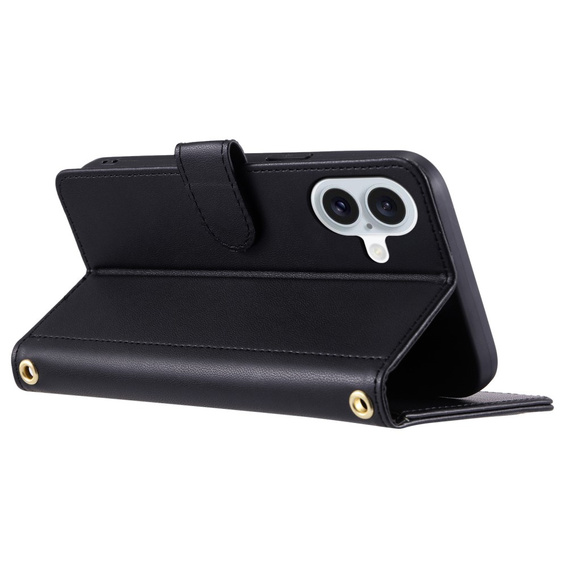 Flap tok iPhone 16, Rhombus Crossbody Leather, fekete