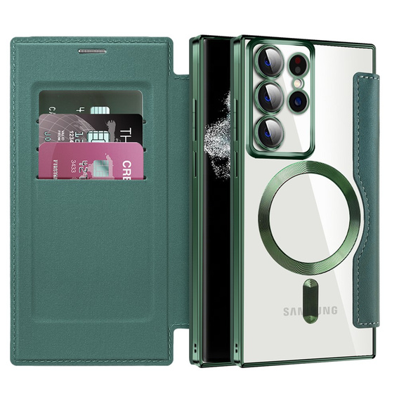 Pattintható tok a Samsung Galaxy S22 Ultra 5G, RFID Wallet MagSafe CamShield, zöld