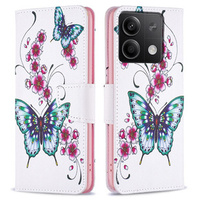 Pattintható tok a Xiaomi Redmi Note 13 5G, Wallet, Butterflies & Flowers fehér