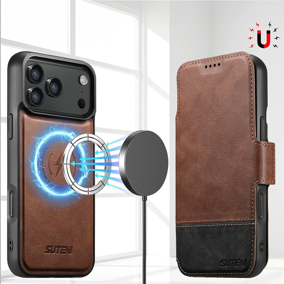 2 az 1-ben flip tok iPhone 17 Pro Max készülékhez, SUTENI, MagSafe, barna színben