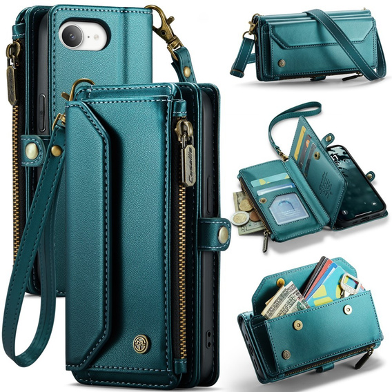 Tok CASEME iPhone16e, RFID Leather Wallet, vállpánttal, zöld
