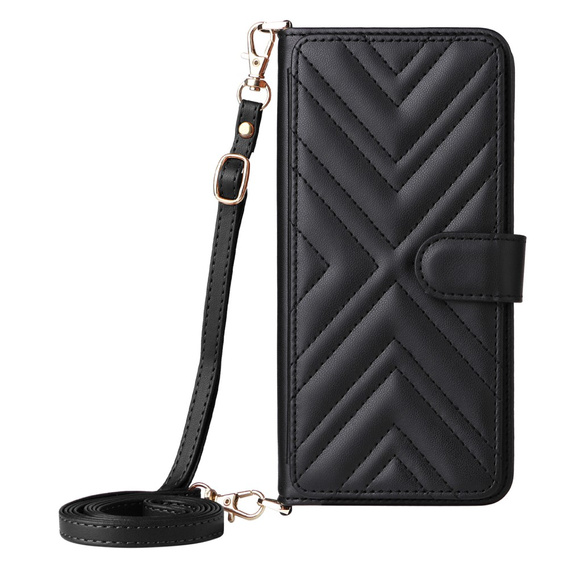Tok patenttal a Realme 14 Pro+ 5G-hez, Crossbody Leather Wallet, fekete színű