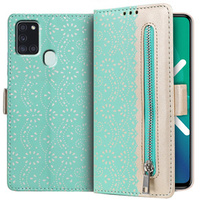 Flap tok Samsung Galaxy A21S, Wallet Pocket Zipper Lace, zöld