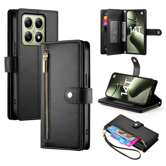 Pattintható tok a Xiaomi 14T, Wallet Zipper Pocket, fekete