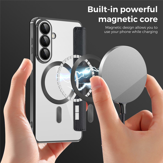 RFID pénztárca MagSafe flip tok kameravédelemmel Samsung Galaxy S26 Plus készülékhez, fekete