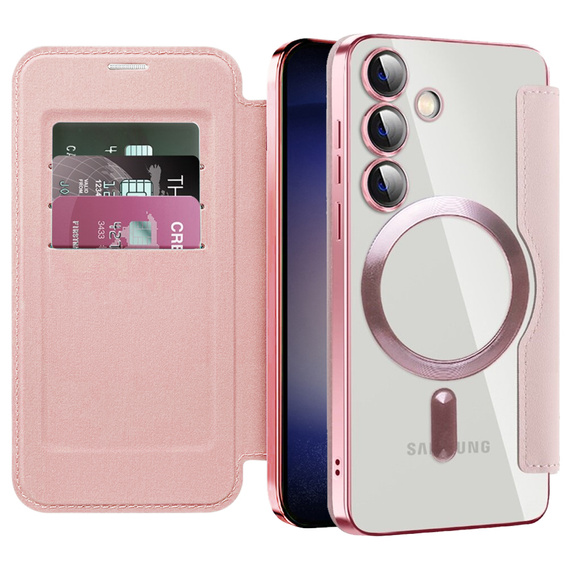 Pattintható tok a Samsung Galaxy S24, RFID Wallet MagSafe CamShield, rózsaszín