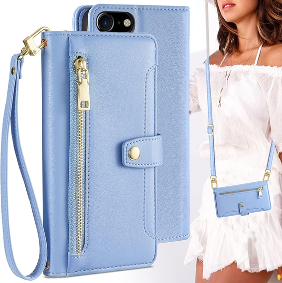 Pattintható tok a iPhone 16E, Wallet Zipper Pocket, kék