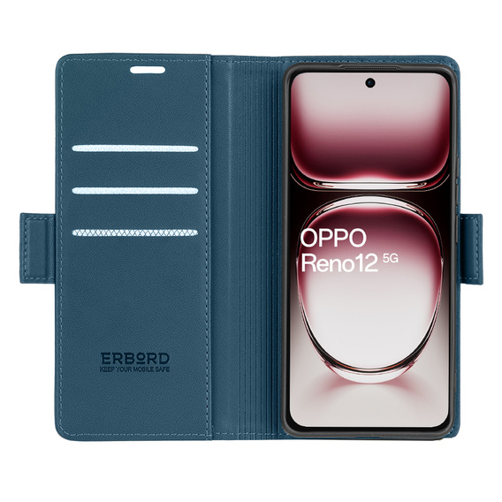 Tok Oppo Reno 12, ERBORD Glossy Litchi, pénztárca patenttal, kék
