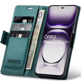 Tok Oppo Reno 12 Pro, ERBORD Glossy Litchi, pénztárca patenttal, zöld