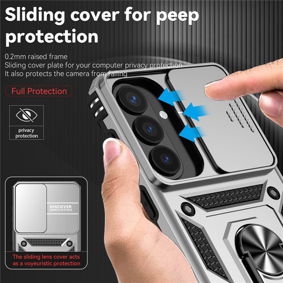 Páncélozott tok állvánnyal és lencsefedéllel Samsung Galaxy S26 Plus készülékhez, ezüst színű