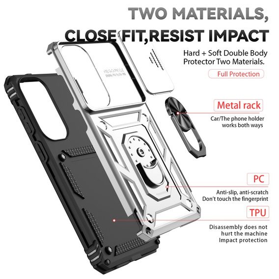 Páncélozott tok állvánnyal és lencsefedéllel Samsung Galaxy S26 Plus készülékhez, ezüst színű