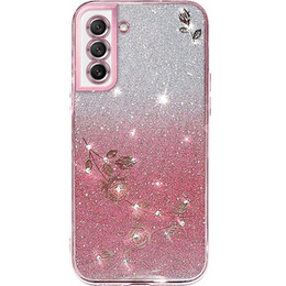 tok Samsung Galaxy S21 FE, csillogó virág, rózsaszín rose gold