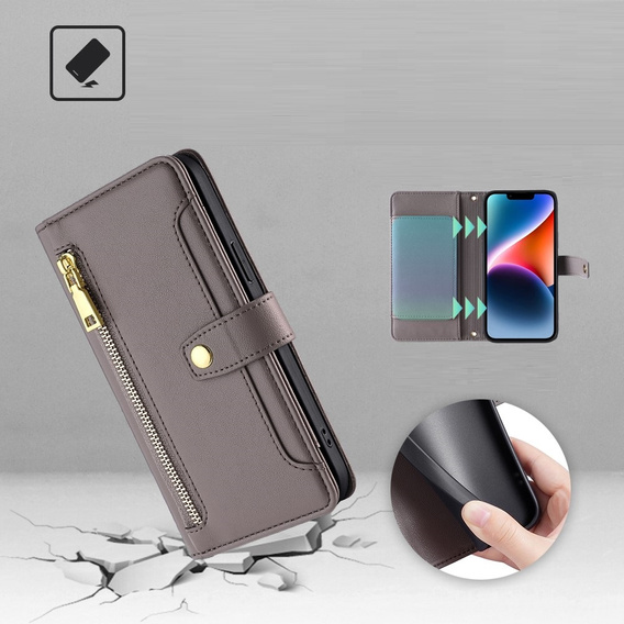 Pattintható tok a Xiaomi Redmi Note 13 Pro+, Wallet Zipper Pocket, szürke