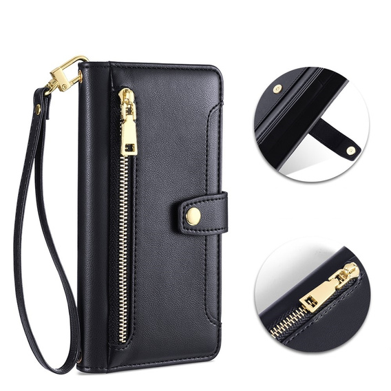 Pattintható tok a Xiaomi Redmi Note 13 Pro+, Wallet Zipper Pocket, fekete