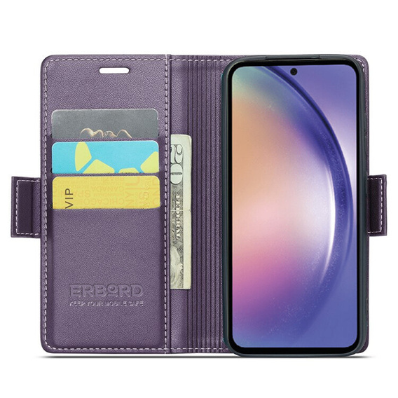 Tok Samsung Galaxy A55, ERBORD Glossy Litchi, pénztárca patenttal, lila