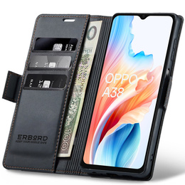 Tok Oppo A18 4G / A38 4G, ERBORD Glossy Litchi, pénztárca patenttal, fekete