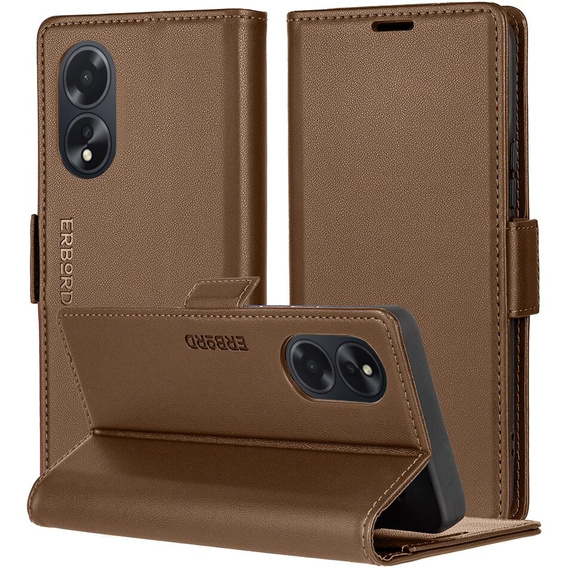 Tok Oppo A60, ERBORD Glossy Litchi, pénztárca patenttal, barna