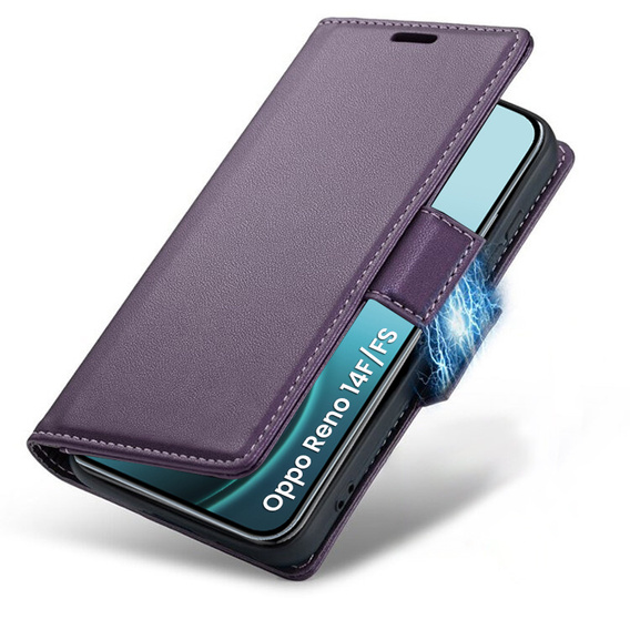 Tok Oppo Reno 14 F / 14 FS, ERBORD Glossy Litchi, pénztárca patenttal, lila