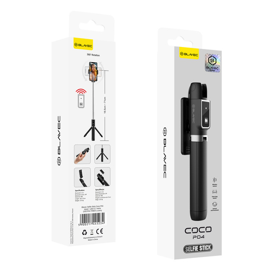 Selfie Stick Coco P-04 állvány funkcióval és Bluetooth távirányítóval, 6,5 cm és 9,5 cm közötti okostelefonok számára